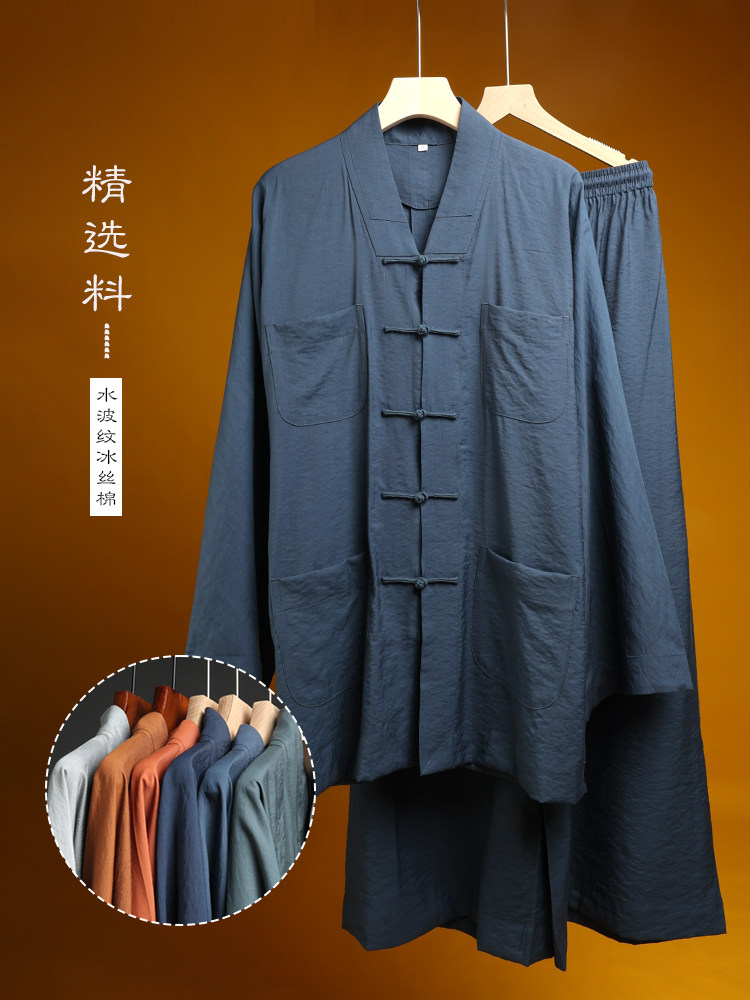 WATER RIPPLE SPRING SUMMER FABRIC MONK SHORT GOWN SUMMER THIN COTTON MONK SUIT LOOSE MONK ROBE