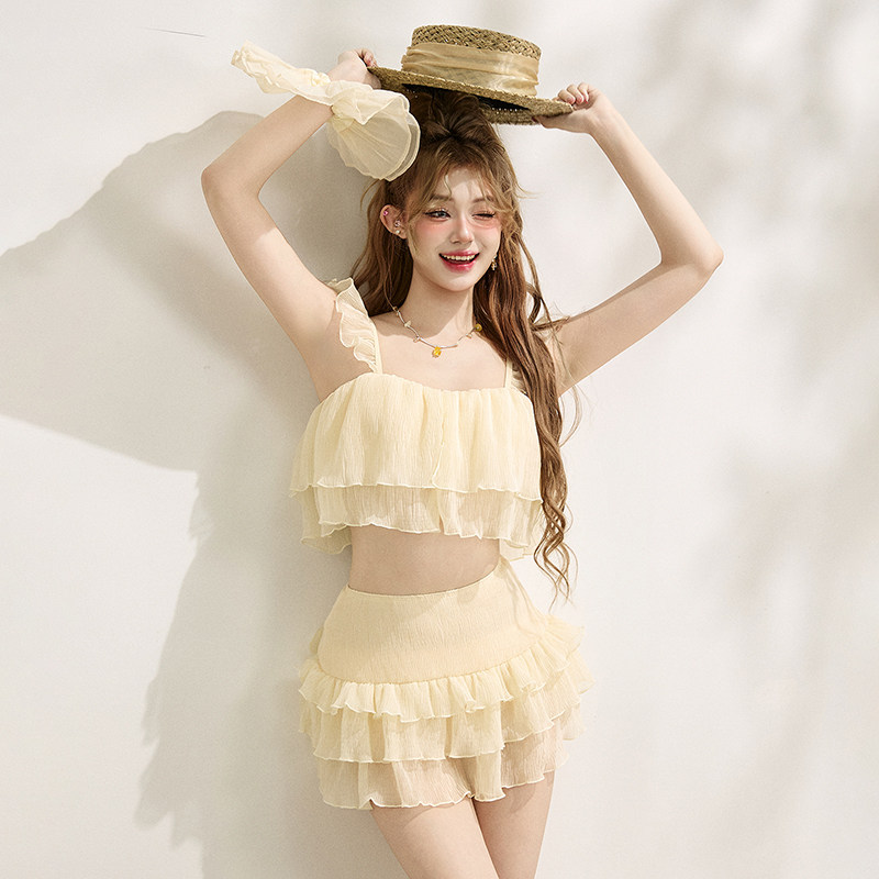 奶油风木耳边分体泳衣女夏季蛋糕裙荷叶边三件套度假海边游泳衣