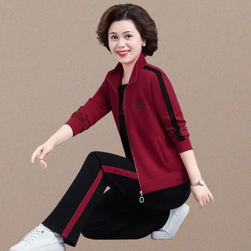妈妈装春秋运动套装女新款宽松洋气女士立领卫衣休闲跑步三件套
