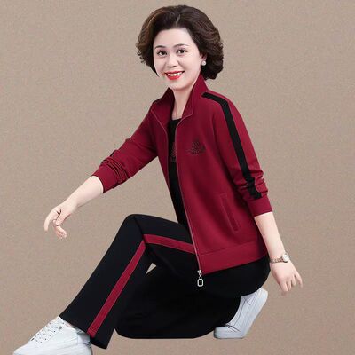 妈妈装春秋运动套装女新款宽松洋气女士立领卫衣休闲跑步三件套