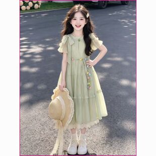 中大童花边蝴蝶结连衣裙女孩2026夏装新款初高中学生露肩袖长裙潮