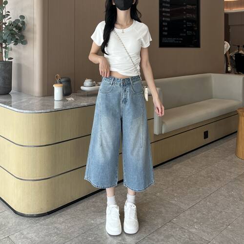 美式复古高腰阔腿牛仔短