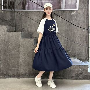 女童连衣裙2025新款夏季初中生洋气宽松中大童女孩休闲中长款裙子
