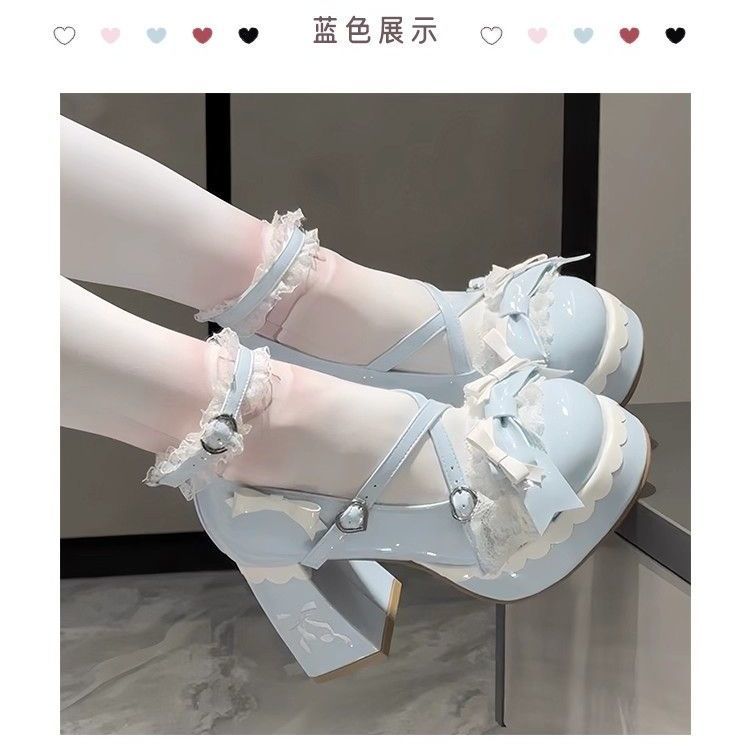 可爱气泡Lolita纯欲蝴蝶结蕾丝花边交叉绑带玛丽珍lo高跟公主鞋