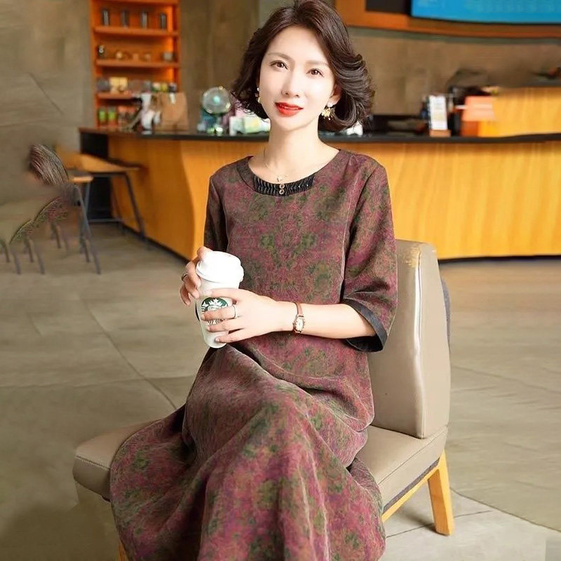 妈妈夏装大码桑蚕丝连衣裙气质中老年印花女装真丝宽松香云纱裙子