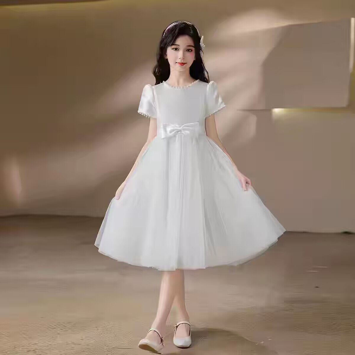 白色连衣裙礼服夏季新中式收腰蓬蓬裙子甜美裙摆短袖圆领