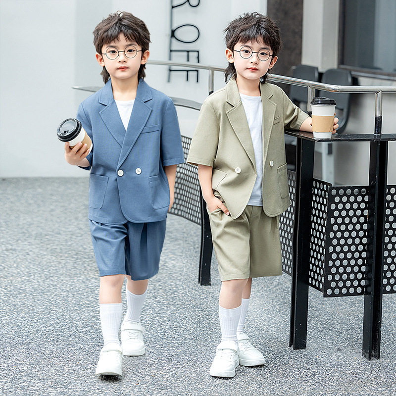 儿童休闲西服套装男童夏季韩版短袖西装短裤男孩走秀主持表演礼服