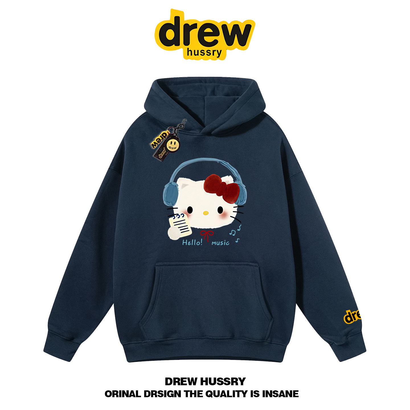 drew潮牌Kitty猫卡通印花连帽卫衣男女情侣装宽松秋冬帽衫外套INS