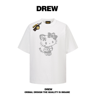 半袖 T恤男女休闲宽松纯棉情侣装 潮牌Kitty猫卡通印花短袖 drew美式