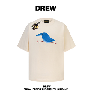 夏季 T恤男女街头宽松情侣装 上衣ins 潮牌奔跑小鸟印花短袖 drew美式