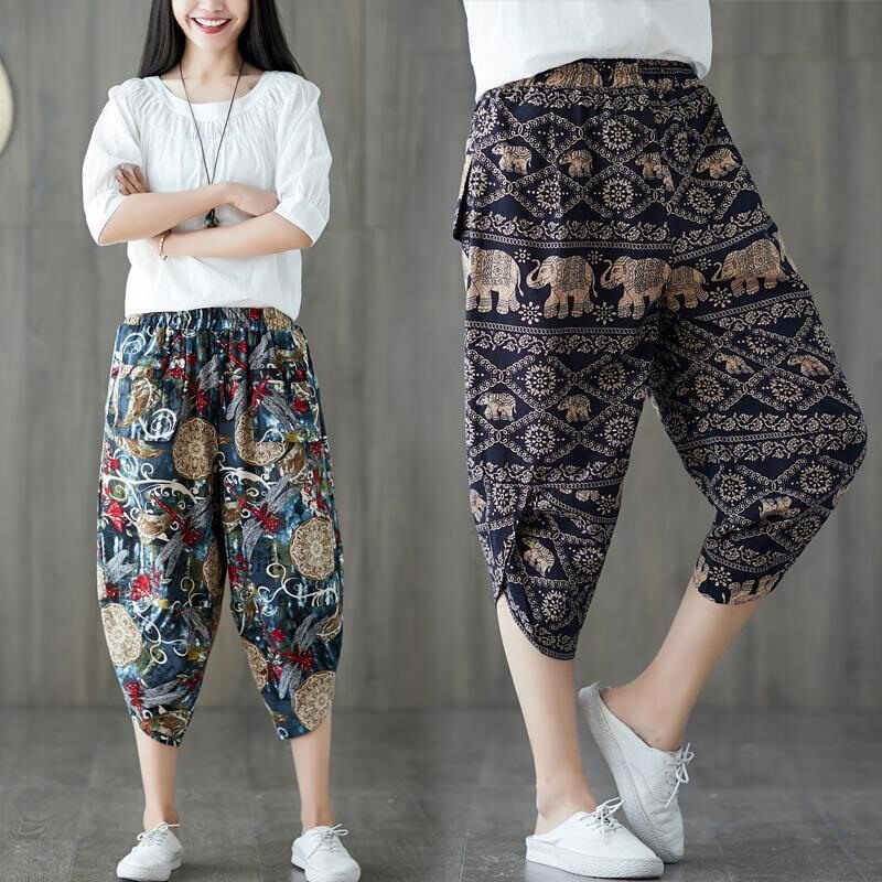 棉麻大码哈伦裤男女2023夏装新款宽松休闲显瘦民族风七分萝卜裤潮
