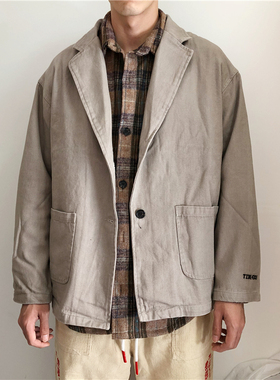 日系复古文艺港风做旧西装外套男女BF风简约夹克男士雅痞翻领上衣