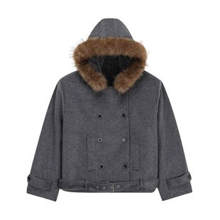 美式复古双排扣毛领连帽棉衣男女秋冬短款收腰保暖外套厚情侣大衣