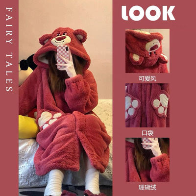 2025新款珊瑚绒睡衣女秋冬季草莓熊睡袍红色新年本命年加厚保暖