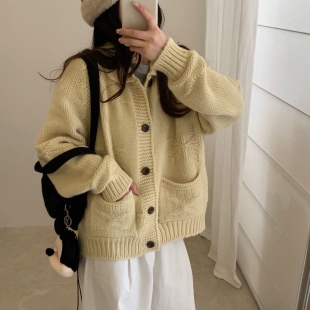 复古小翻领粗针麻花针织开衫 韩系宽松慵懒风软糯毛衣上衣 女新款