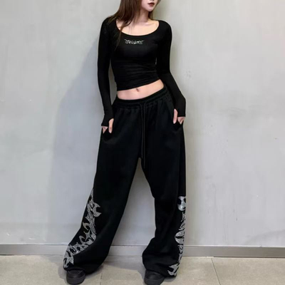 街舞潮牌黑色美式hiphop烫钻印花爵士运动裤子闪钻宽松跳舞卫裤女
