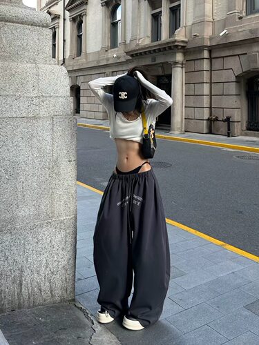 美式字母印花阔腿裤男女慵懒宽松垂感拖地休闲长裤爵士jzza跳舞裤