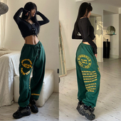 oversize墨绿色复古印花纯棉运动裤 女宽松束脚嘻哈爵士街舞长裤 子