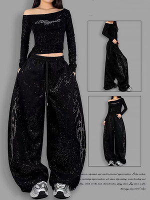 美式嘻哈风黑色烫钻阔腿裤女宽松爆闪长裤街头爵士jazz休闲跳舞裤