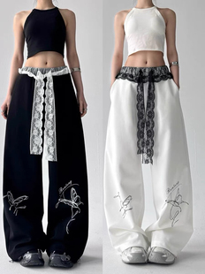 爵士jazz裤子跳舞蕾丝拼接黑色阔腿休闲宽松百搭辣妹嘻哈直筒裤潮