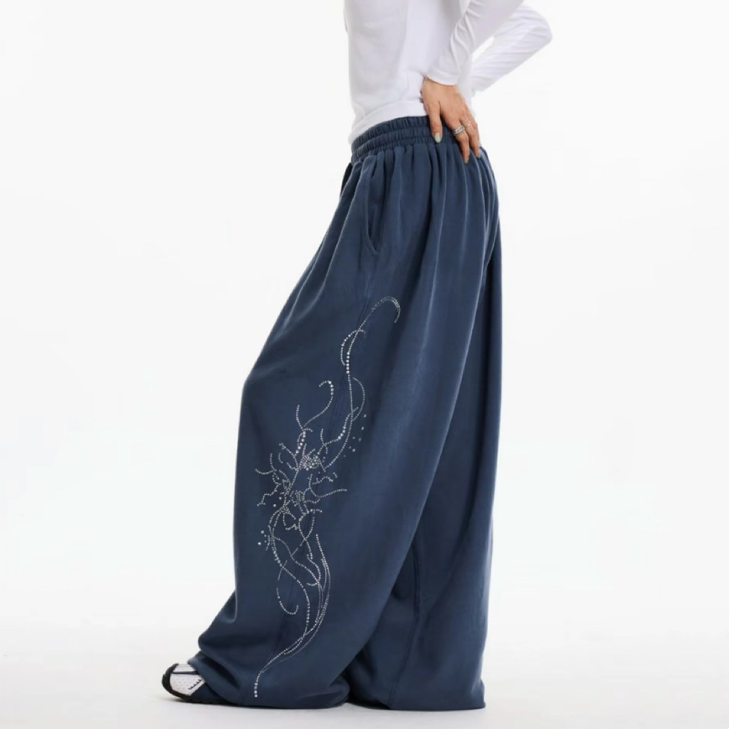 thumbnail for American Style Volcano Colored Rhinestone Sparkling Water Style Wide-Leg Pants for Men and Women, Jazz Drape Loose Casual Hip-Hop Dance Pants