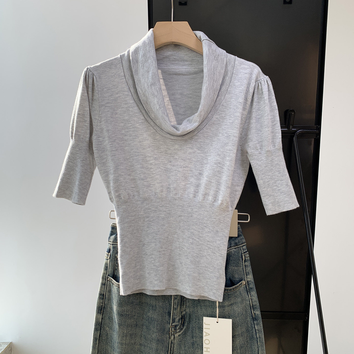 荡领中袖针织衫女春季新款褶皱纯色收腰显瘦纯欲百搭辣妹洋气上衣,女装/女士精品,T恤,淘宝优惠券,粉丝福利购,淘宝优惠卷