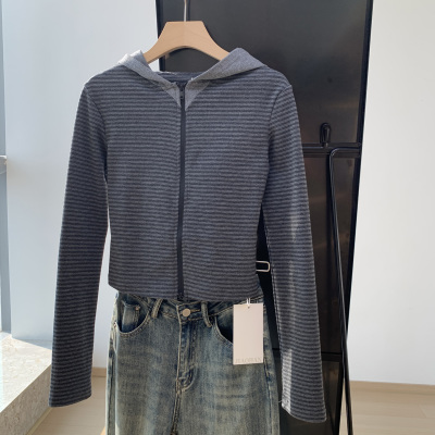 条纹修身帽衫灰色短款美式新款正肩纯色显瘦高端连帽显瘦卫衣女