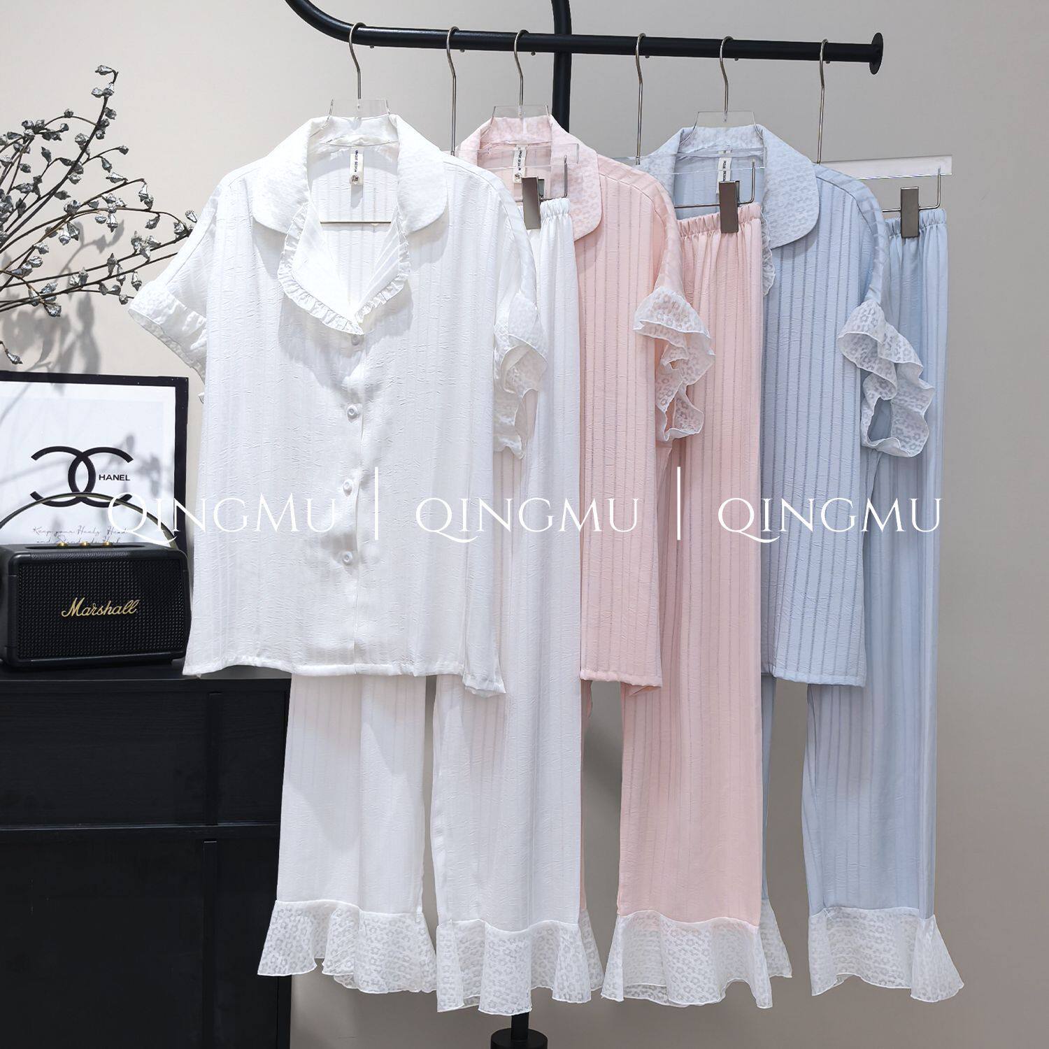 冰醋酸夏季短袖睡衣套装翻领简约居家高级感家居服女蕾丝睡衣