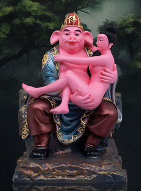 树脂金缕彩猪八戒抱媳妇摆件