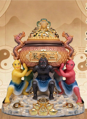 聚宝盆五鬼神像中式树脂摆件