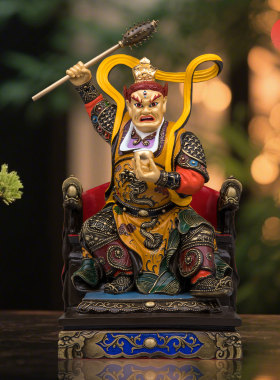 台湾祥狮铜彩绘监斋佛像供奉摆件