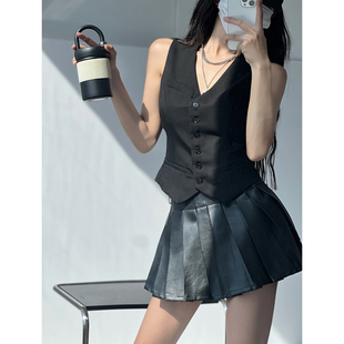 赫本风气质修身黑色西装马甲外套女无袖坎肩时髦复古叠穿背心马夹