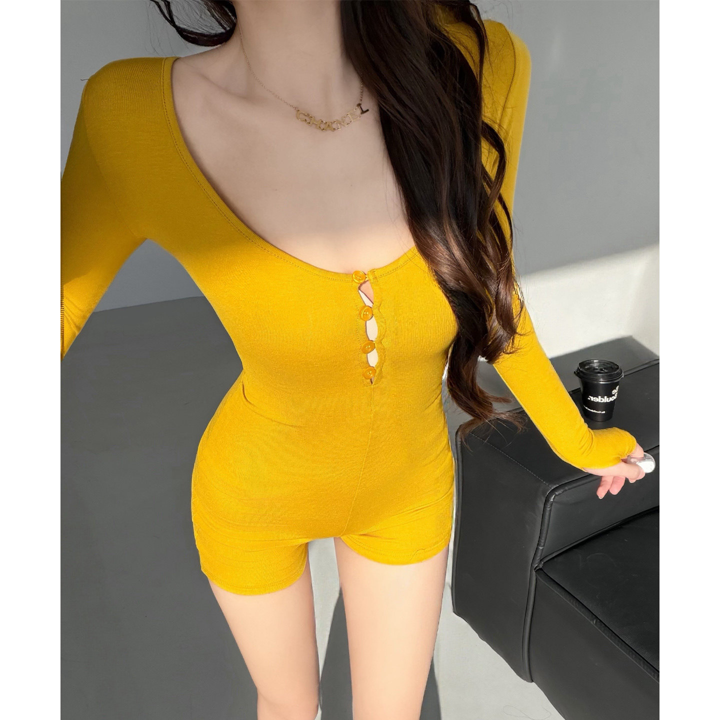 卡戴珊超弹柔软贴身圆领纽扣长袖收腰塑形连体衣性感瑜伽连体短裤,女装/女士精品,连体衣/裤,淘宝优惠券,粉丝福利购,淘宝优惠卷