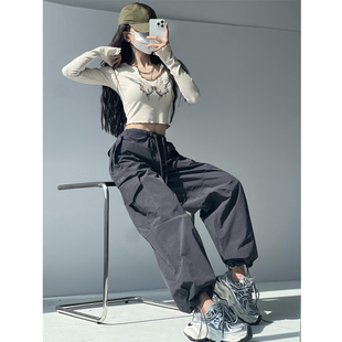 灰色小个子工装裤女春秋高腰阔腿直筒休闲宽松美式复古束脚长裤子