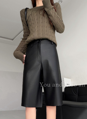 街头王者~老钱感慵懒风休闲裤女高品质PU皮中裤显瘦直筒阔腿短裤