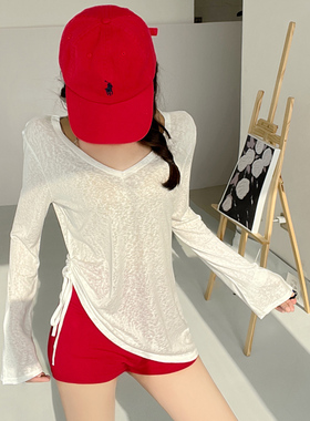 纯欲风白色宽松运动罩衫女薄款显瘦健身上衣瑜伽服V领防晒长袖T恤