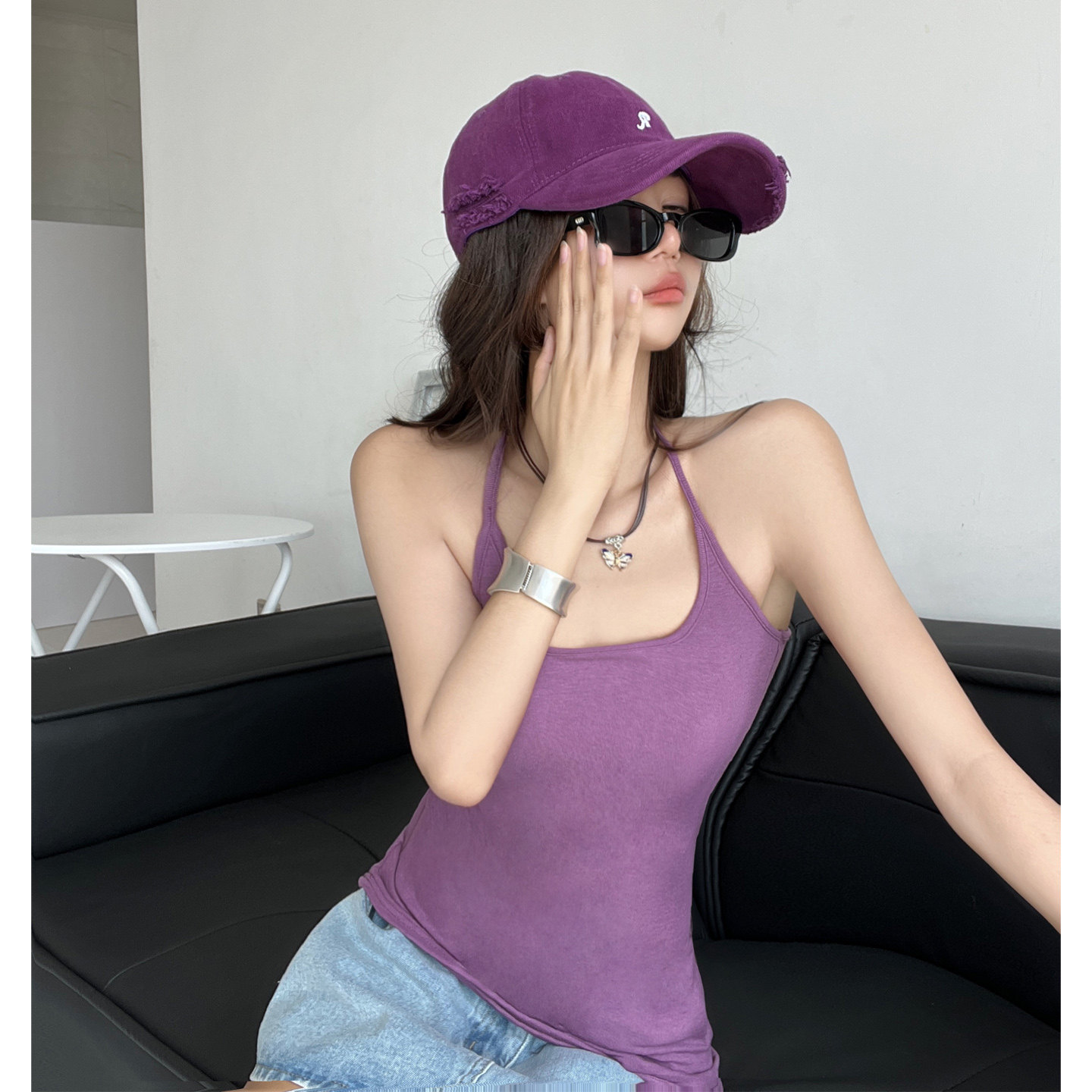 绝美肩颈纯欲挂脖背心吊带胸垫上衣女打底外穿工字背心夏辣妹美背