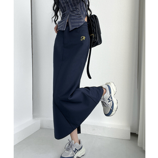 美式高校学姐百搭藏青色西装半身裙春新款高腰A字包臀长裙送腰带