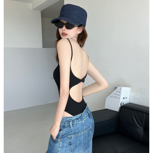 黑色露背连体吊带背心女夏带胸垫