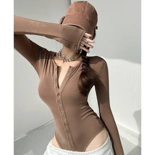 露腰上衣 外穿内搭长袖 高质感单品纯欲亨利连体衣女修身 性感打底衫