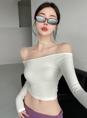 和小安~氛围感小T纯欲一字肩白色T恤女长袖弹力修身短款露脐上衣
