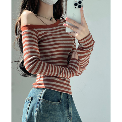 慵懒少女~废土风辣妹复古条纹露肩T恤女收腰显瘦打底长袖性感上衣