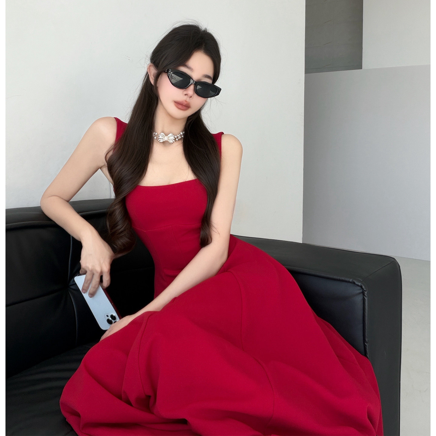人生红裙~法式复古氛围感显白吊带红色连衣裙无袖收腰礼服长裙子