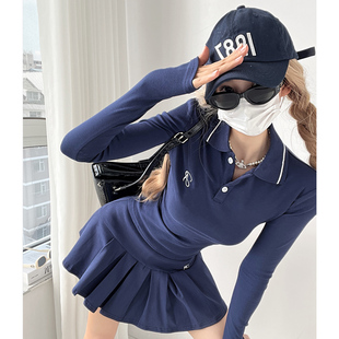 高爾夫球服polo領長袖 T恤防走光百褶裙兩件套 套裝 姐感千金風時尚