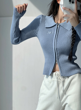 小众甜酷美式BM风复古蓝色长袖坑条针织毛衣女修身双拉链短款上衣
