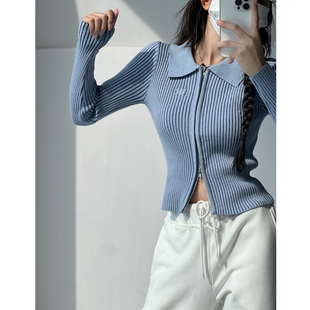 双拉链短款 坑条针织毛衣女修身 上衣 BM风复古蓝色长袖 小众甜酷美式