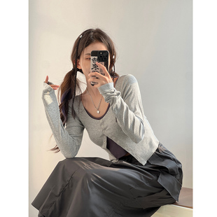 美式复古辣妹甜酷炸街吊带针织开衫两件套T恤女性感紧身长袖上衣