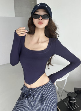 纯欲性感低胸大方领长袖T恤女