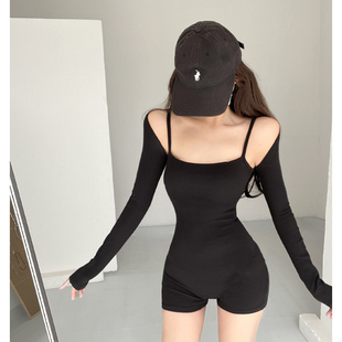 美式运动辣妹吊带连体裤性感瑜伽连体衣短裤女春夏长袖开衫两件套