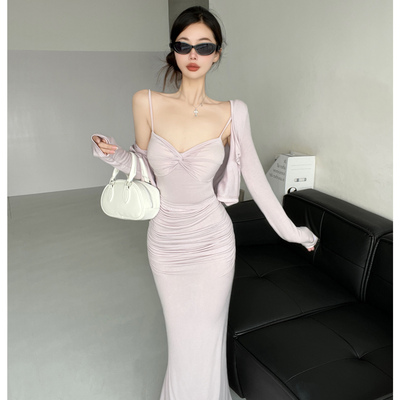 约会战袍~甜欲修身短款开衫吊带包臀长裙三件套性感显瘦辣妹套装